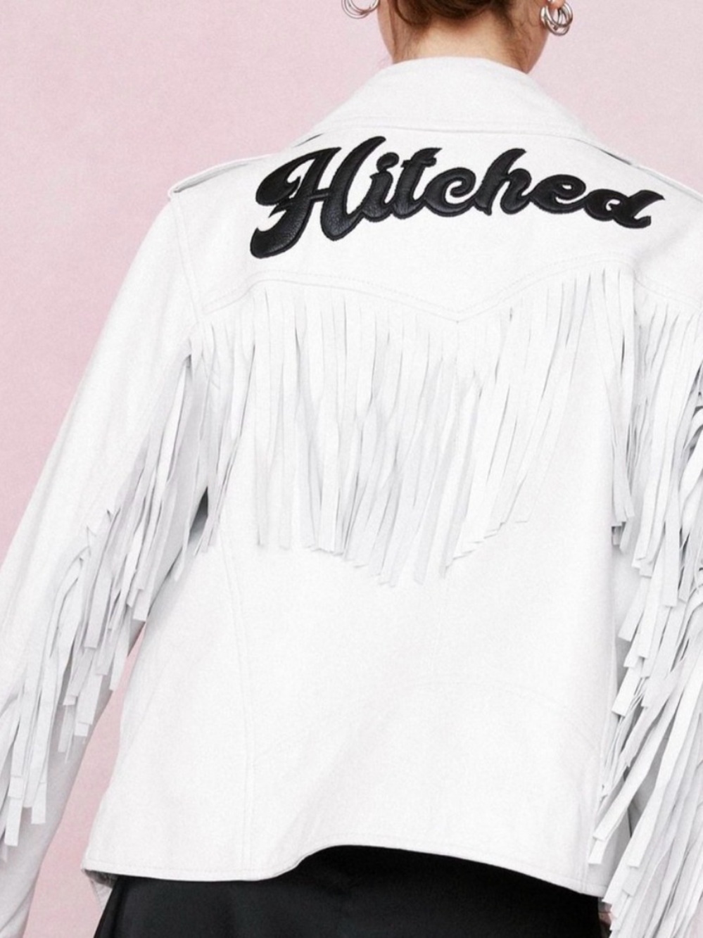 Nasty Gal White Fringe Leather Jacket with Black 'Hitched' lettering